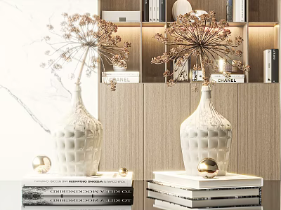 Elegant White Textured Ceramic Vase With Dried Flowers On Stacked Books Near Wooden Shelf 3d model