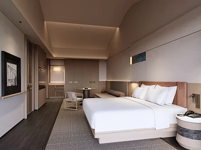 Modern Minimalist Hotel Room Interior With King Bed White Bedding And Carpet 3d model