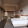 Modern Minimalist Hotel Room Interior With King Bed White Bedding And Carpet