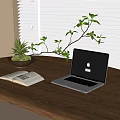 Bonsai Plant on Wooden Desk with Open Book and Laptop near Window Blinds