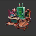 Cartoon Style Market Stall With Rabbit Shaped Cabinet Telephone Sign Striped Awning And Orange Steps