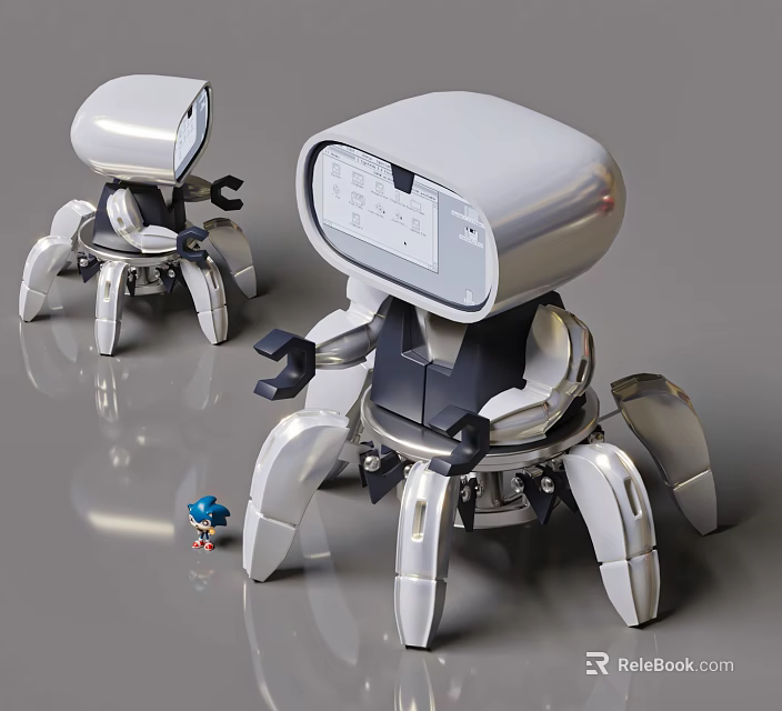 Smart Robots With Mechanical Legs And Screen Display Silver Modern Design Near Small Blue Toy 3d model 