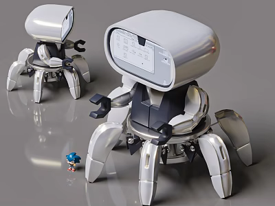 Smart Robots With Mechanical Legs And Screen Display Silver Modern Design Near Small Blue Toy 3d model