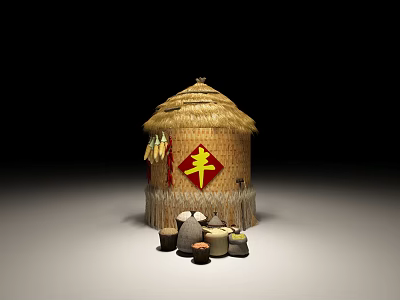Thatched Hut With Red Feng Symbol And Corn Cobs Near Clay Pots Outside 3d model