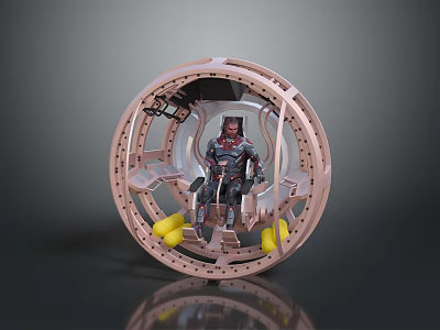 Futuristic Circular Space Capsule Interior With Seated Person And Yellow Components 3d model