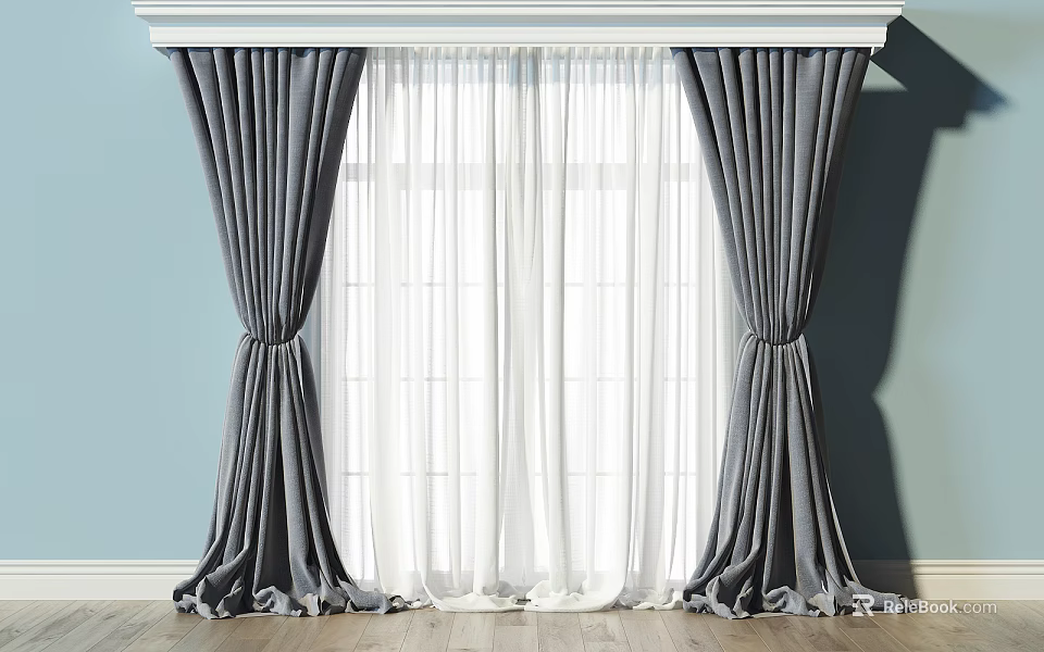 Gray Window Curtains With White Sheer Panels And Elegant Drapes Design 3d model