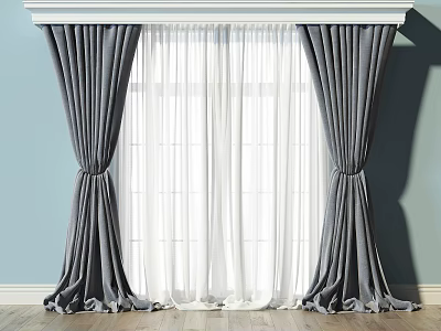 Gray Window Curtains With White Sheer Panels And Elegant Drapes Design 3d model