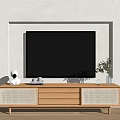 Modern Wooden TV Stand Featuring Rattan Doors Drawers Flat Screen TV And Decorative Plant