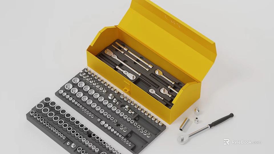 Professional Hardware Tool Set Including Socket Wrenches Sockets and Yellow Storage Case 3d model