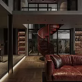 Dark Toned Loft Living Room With Brown Leather Sofa And Spiral Staircase