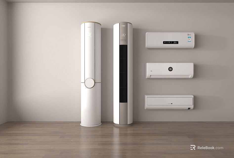 Modern White Tower and Wall Mounted Air Conditioner Fans with Sleek Design 3d model 