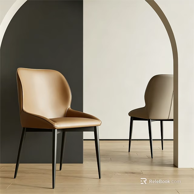 Tan And Beige Leather Dining Chairs With Black Legs Grey White Walls Wooden Floor 3d model 