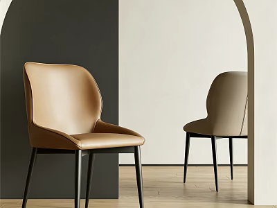 Tan And Beige Leather Dining Chairs With Black Legs Grey White Walls Wooden Floor 3d model