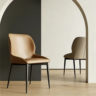 Tan And Beige Leather Dining Chairs With Black Legs Grey White Walls Wooden Floor 3d model