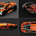 Futuristic Orange Supercar With Sleek Aerodynamic Design And Multiple Angles
