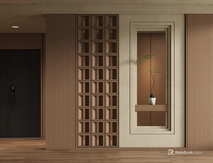Wooden Lattice Room Divider In Modern Interior With Decorative Plant And Storage Shelf 3d model 