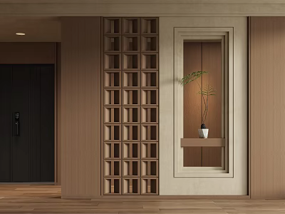 Wooden Lattice Room Divider In Modern Interior With Decorative Plant And Storage Shelf 3d model