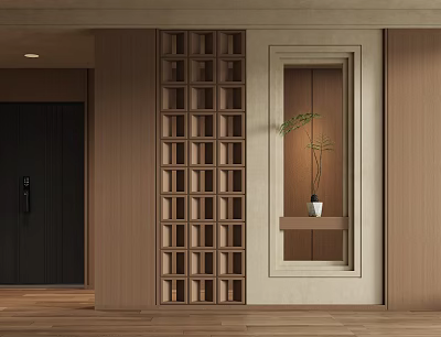 Wooden Lattice Room Divider In Modern Interior With Decorative Plant And Storage Shelf 3d model