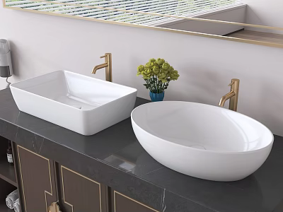 White Square and Oval Washbasins with Golden Faucets Green Plant on Dark Countertop 3d model