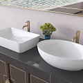 White Square and Oval Washbasins with Golden Faucets Green Plant on Dark Countertop