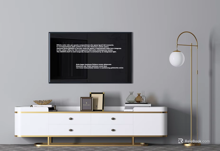 White TV Stand with Golden Legs Drawers Decorative Items Black TV and Gold Floor Lamp 3d model 