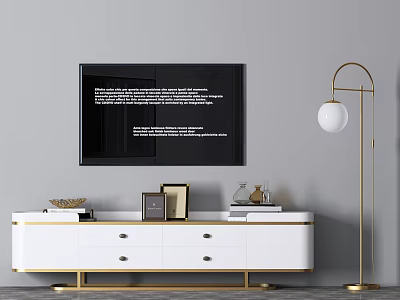White TV Stand with Golden Legs Drawers Decorative Items Black TV and Gold Floor Lamp 3d model