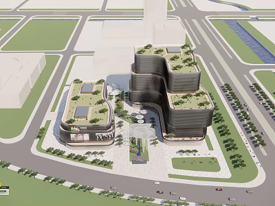 Modern Office Building With Green Roof Landscaped Plaza And Glass Exterior 3d model