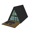 Modern Detached House With Triangular Roof Large Glass Windows And Wooden Deck Sofa Fire Pit