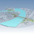 Detailed Urban City Model Featuring River Bridge And Modern Architecture