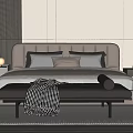 Modern Double Bed With Upholstered Headboard Plush Pillows Bench Checkered Blanket And Nightstands With Lamp