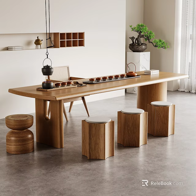 Modern Wooden Tea Table with Round Stools and Tea Set in Natural Interior 3d model