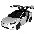 White Tesla Model X With Open Falcon Wing Doors On Dark Background
