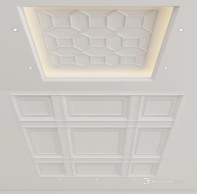 Modern Ceiling Design Featuring Geometric Panel Patterns And Recessed Lighting Fixtures 3d model 
