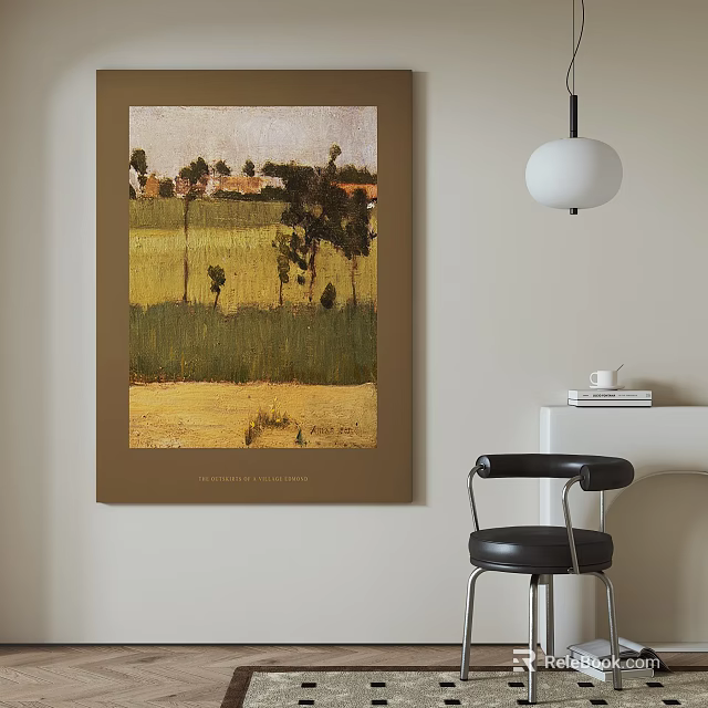 Interior With Wall Artwork Field Trees Black Bar Stool White Table Cup Books Pendant Light 3d model