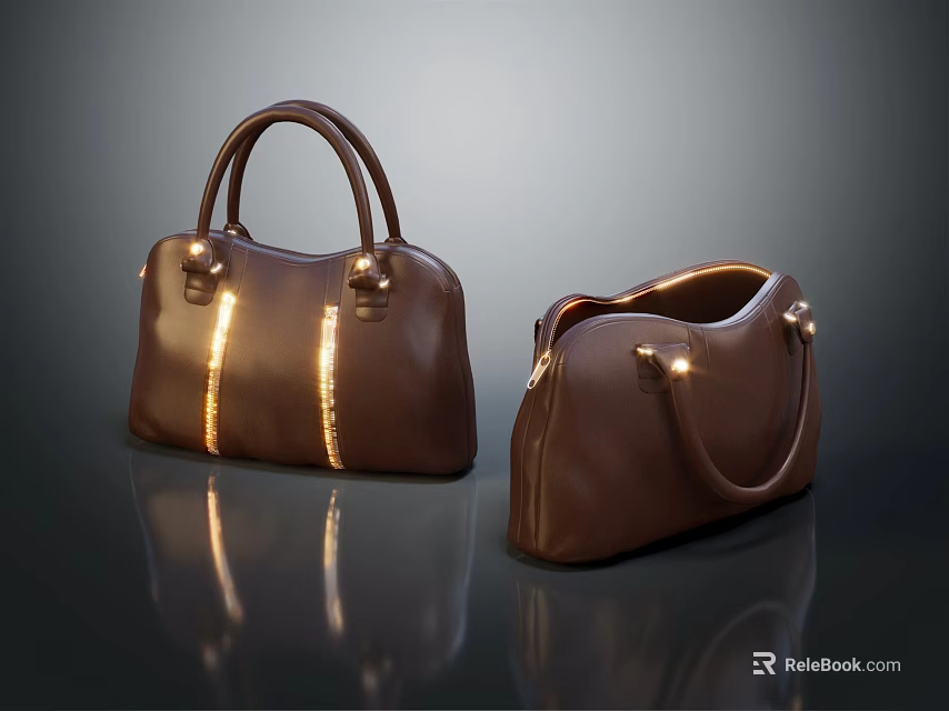 Brown Leather Handbag Design With Gold Accents One Closed One Open 3d model 