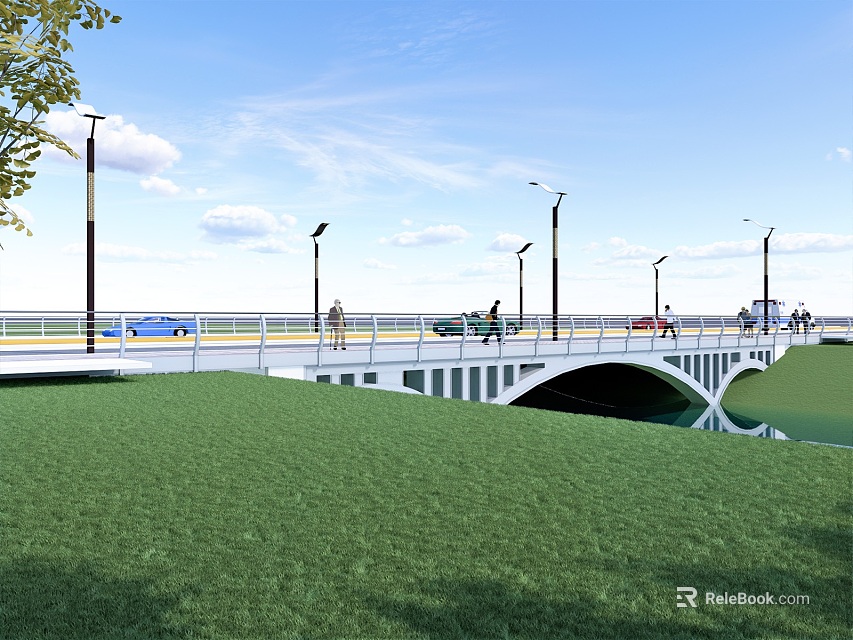 Scenic Landscape Bridge With Green Grass People Walking And Street Lamps 3d model 
