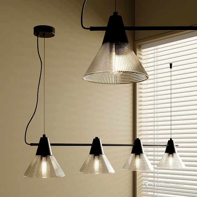 Modern Pendant Lights With Black Shades And Transparent Glass In Interior With Window Blinds 3d model 