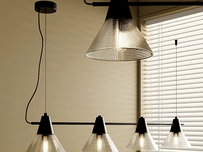 Modern Pendant Lights With Black Shades And Transparent Glass In Interior With Window Blinds 3d model