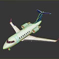 White Business Jet With Blue Tail Wings And Yellow Stripes Twin Engines On Gray Background