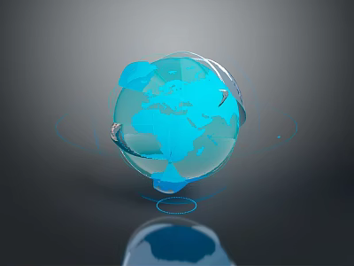 3D Rendered Transparent Blue Globe With Surrounding Halos And Reflective Base 3d model