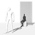 White Standing and Black Seated Mannequins with Grid Wall and Cylinder Base