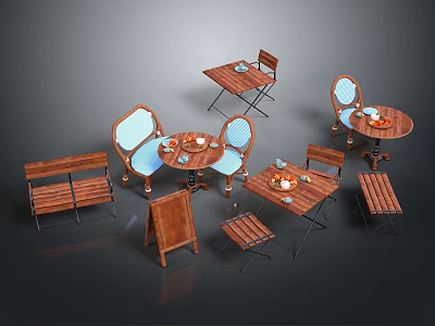 Wooden Outdoor Furniture Collection With Round Tables Chairs Benches And Blue Cushions 3d model