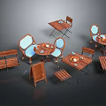 Wooden Outdoor Furniture Collection With Round Tables Chairs Benches And Blue Cushions
