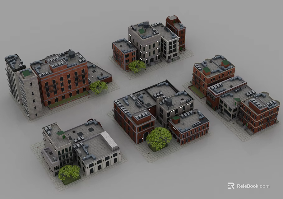 Various Style Residential Buildings With Red Brick And Gray Exteriors And Small Trees 3d model 