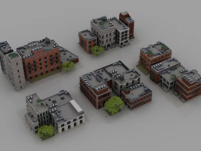 Various Style Residential Buildings With Red Brick And Gray Exteriors And Small Trees 3d model