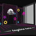Music Stage with Orange Purple Lights and Colorful Circles on Mesh Background and Neon Lines