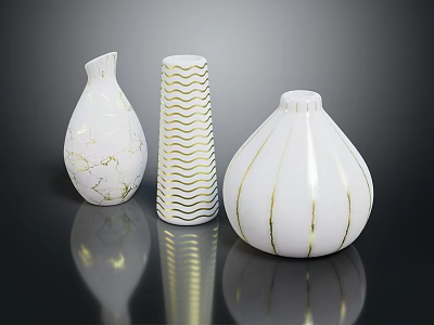 Modern White Vases With Gold Details And Various Textured Patterns On Reflective Surface 3d model