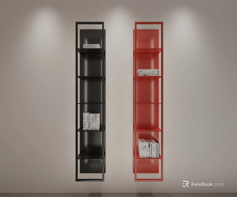 Black and Red Tall Bookcases with Multiple Shelves and Books 3d model 