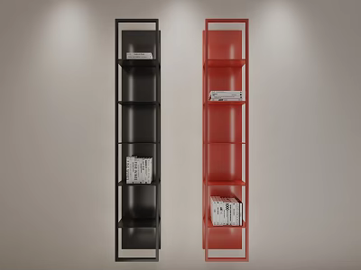 Black and Red Tall Bookcases with Multiple Shelves and Books 3d model