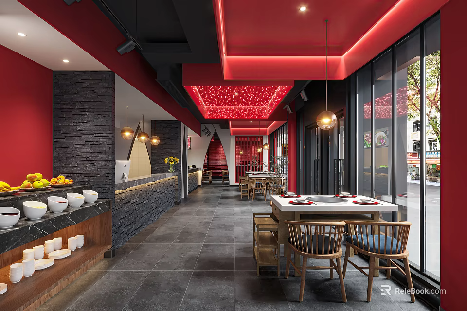 Modern Hot Pot Restaurant Interior With Red Decor Open Layout Dining Tables And Buffet Area 3d model